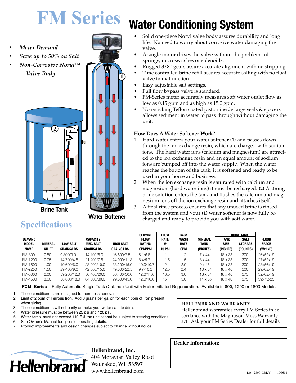 Fm series, Water conditioning system, Specifications | Brine tank water softener | Hellenbrand FM Series User Manual | Page 2 / 2
