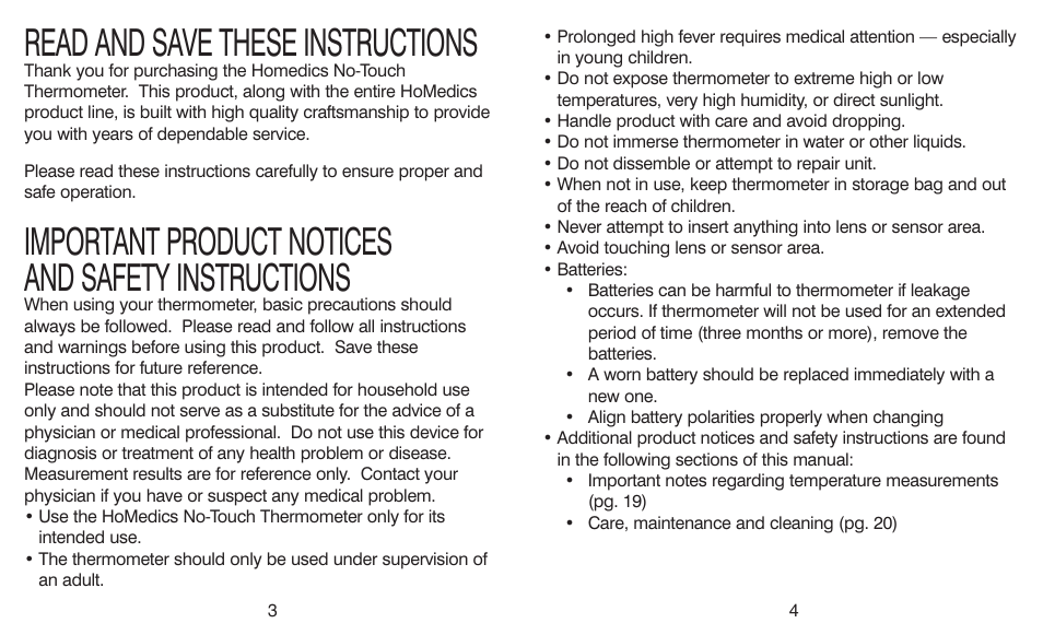Read and save these instructions, Important product notices and safety instructions | HoMedics TI-150 User Manual | Page 3 / 24