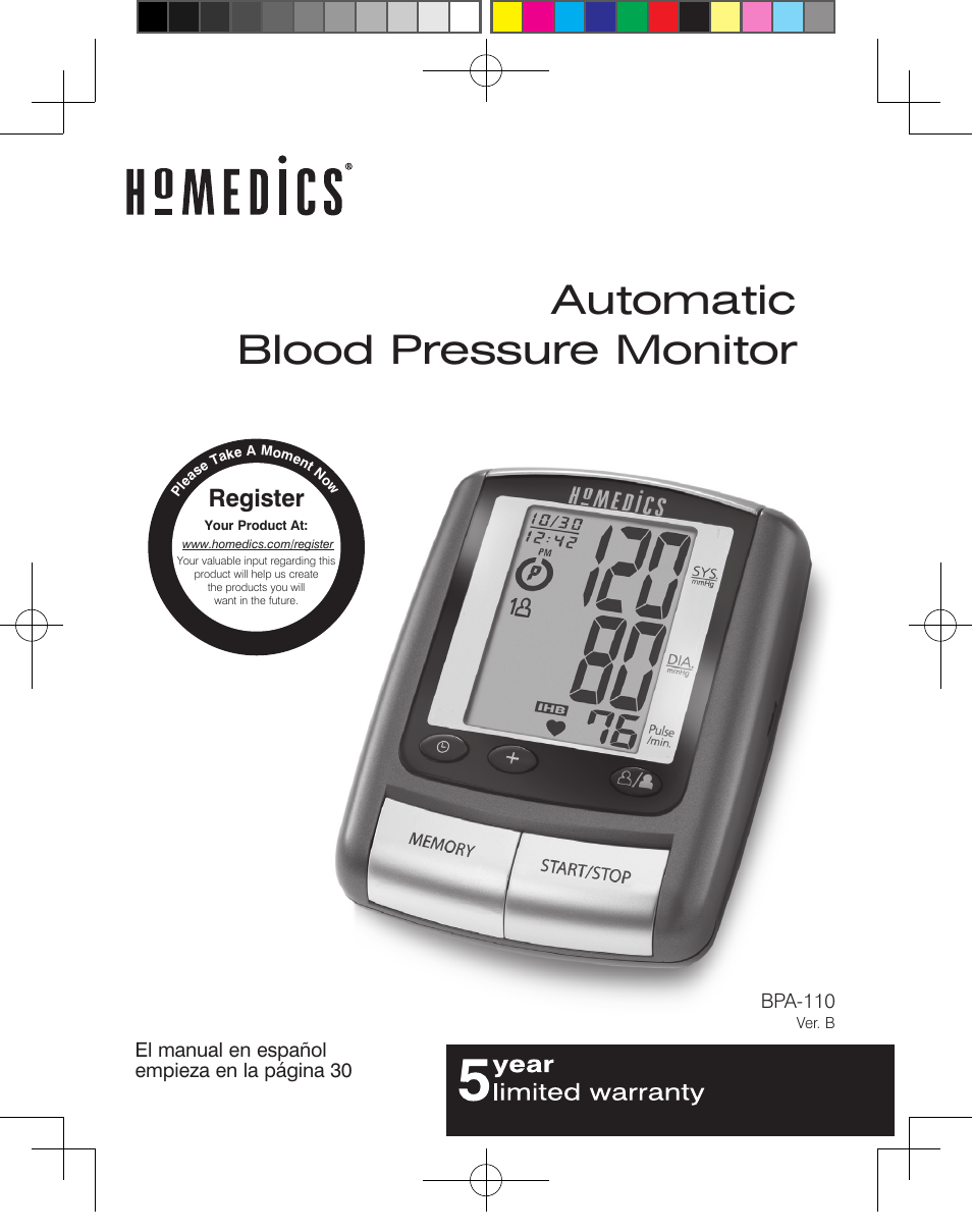 HoMedics Automatic Blood Pressure Monitor BPA-110 User Manual | 60 pages