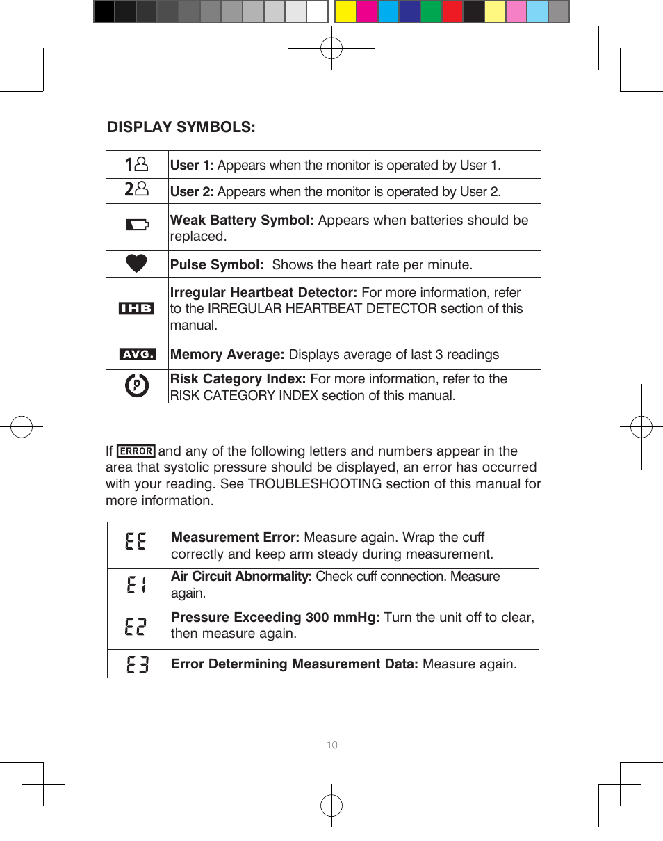 Display symbols | HoMedics Automatic Blood Pressure Monitor BPA-110 User Manual | Page 11 / 60