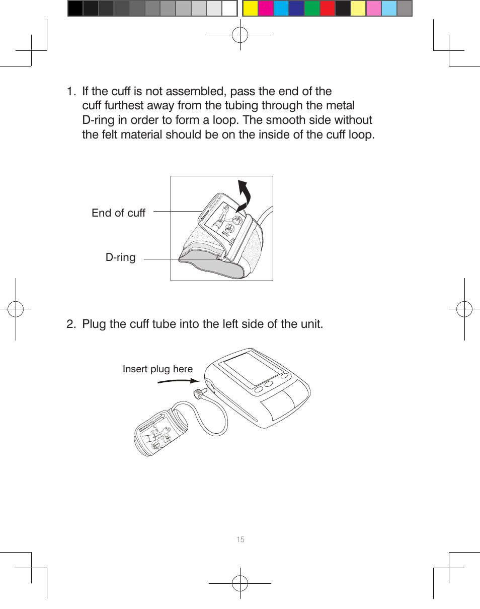 D-ring end of cuff, Insert plug here | HoMedics Automatic Blood Pressure Monitor BPA-110 User Manual | Page 16 / 60