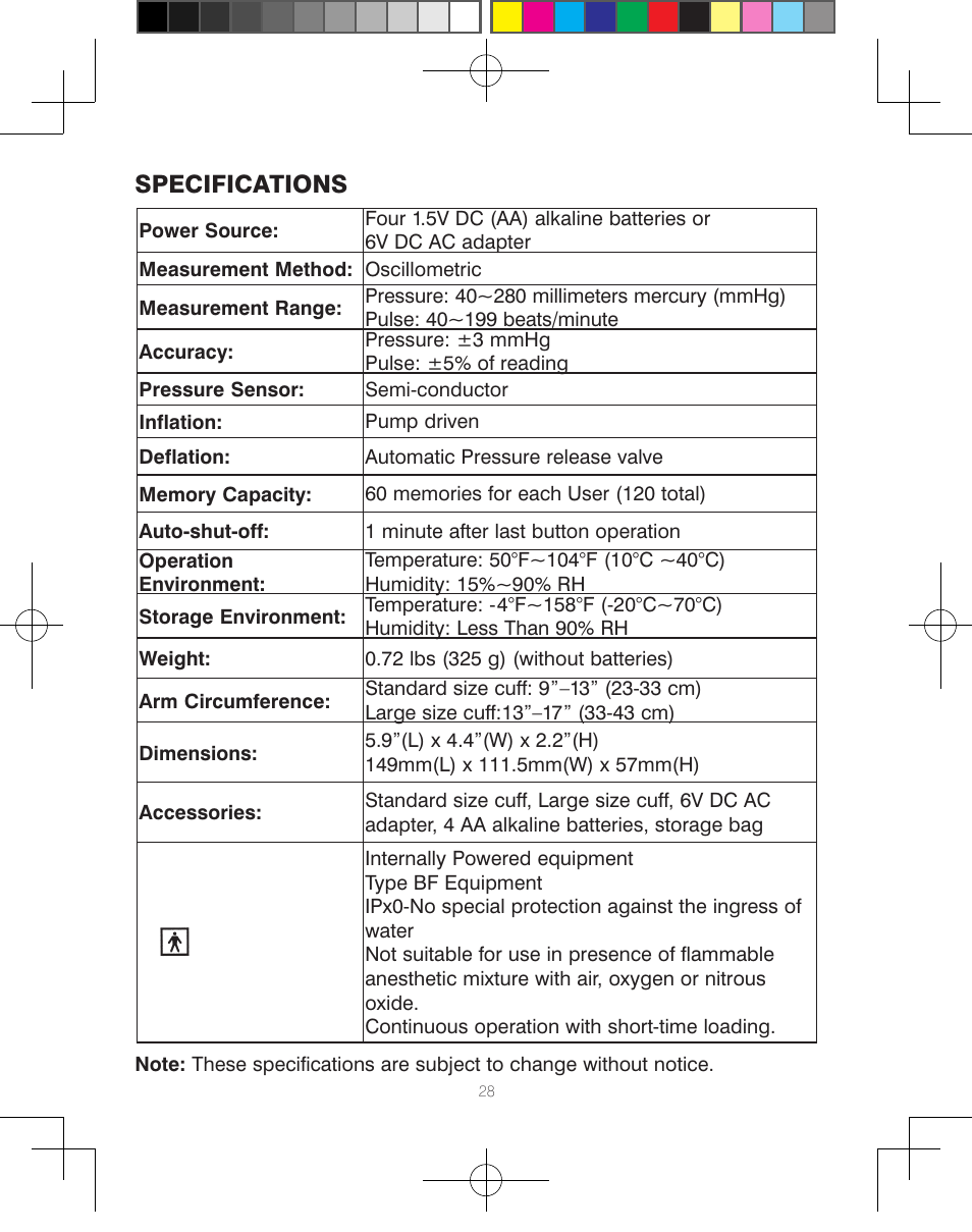 Specifications | HoMedics Automatic Blood Pressure Monitor BPA-110 User Manual | Page 29 / 60