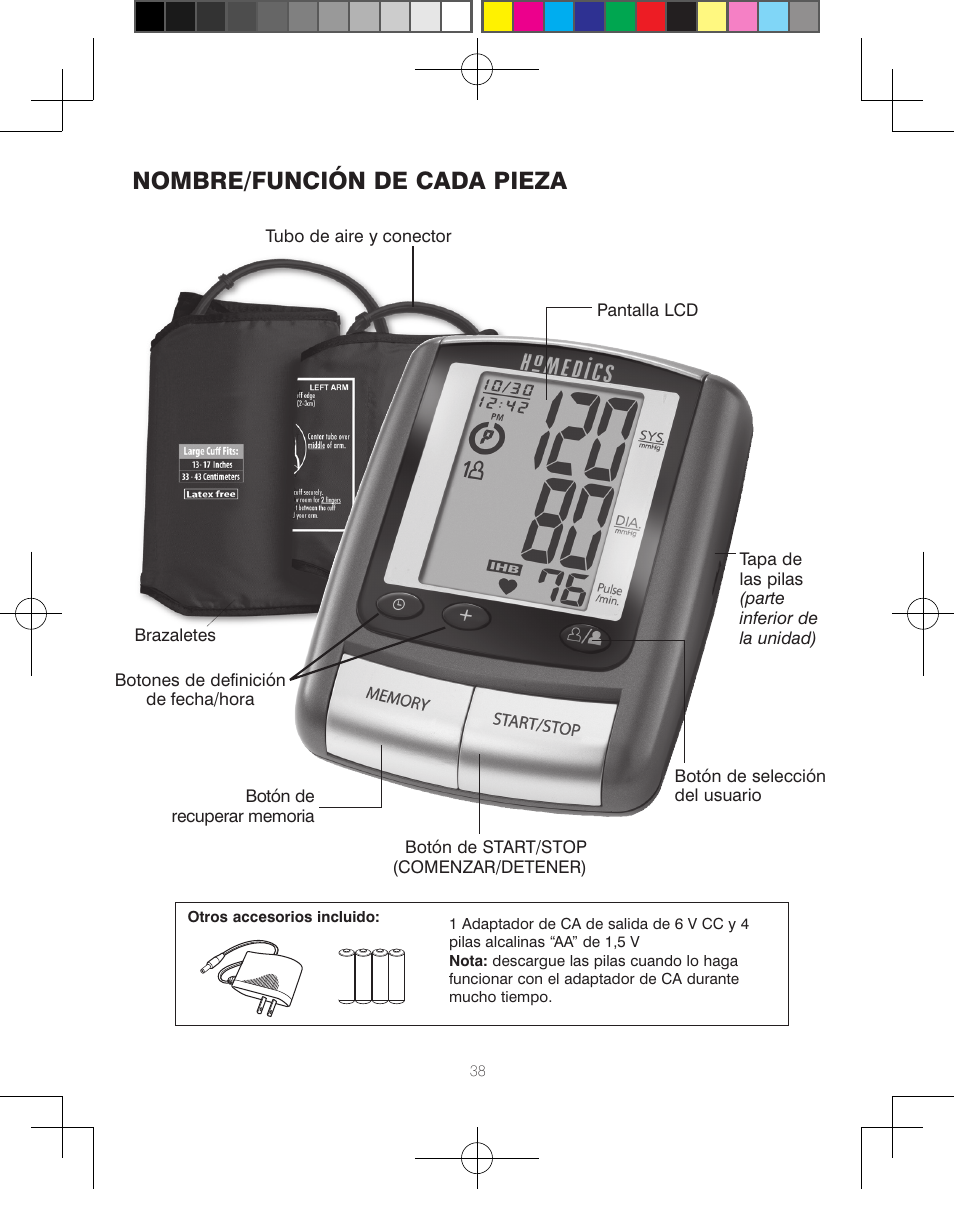 Nombre/función de cada pieza | HoMedics Automatic Blood Pressure Monitor BPA-110 User Manual | Page 39 / 60