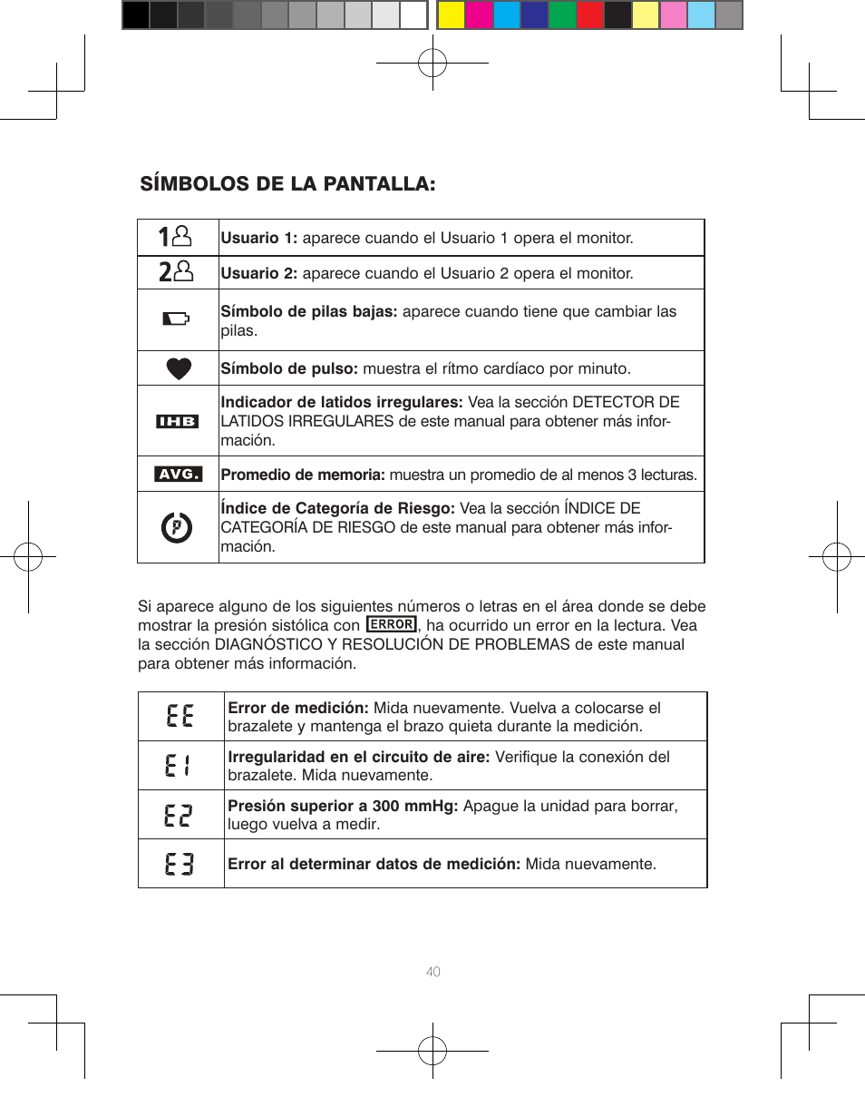 Símbolos de la pantalla | HoMedics Automatic Blood Pressure Monitor BPA-110 User Manual | Page 41 / 60