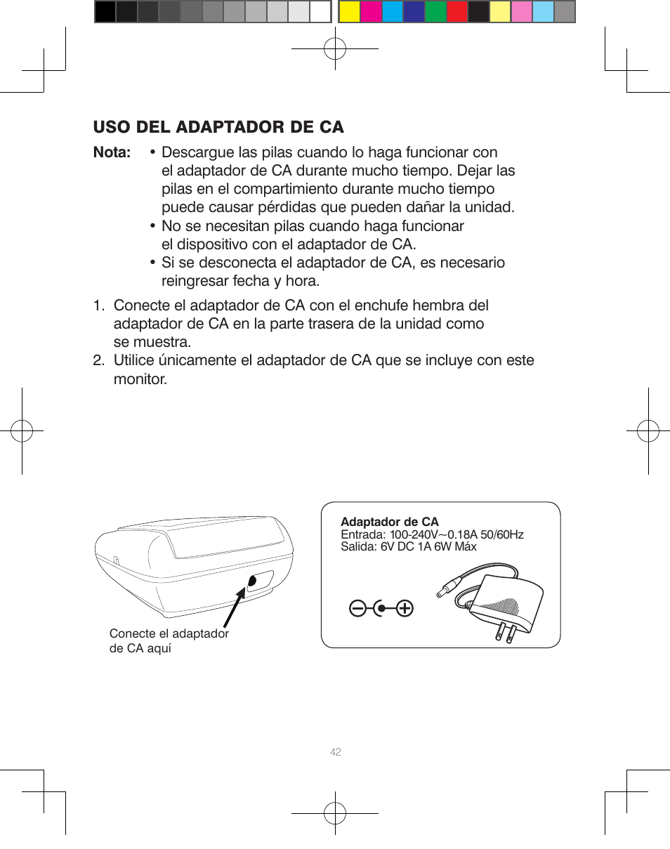Uso del adaptador de ca | HoMedics Automatic Blood Pressure Monitor BPA-110 User Manual | Page 43 / 60