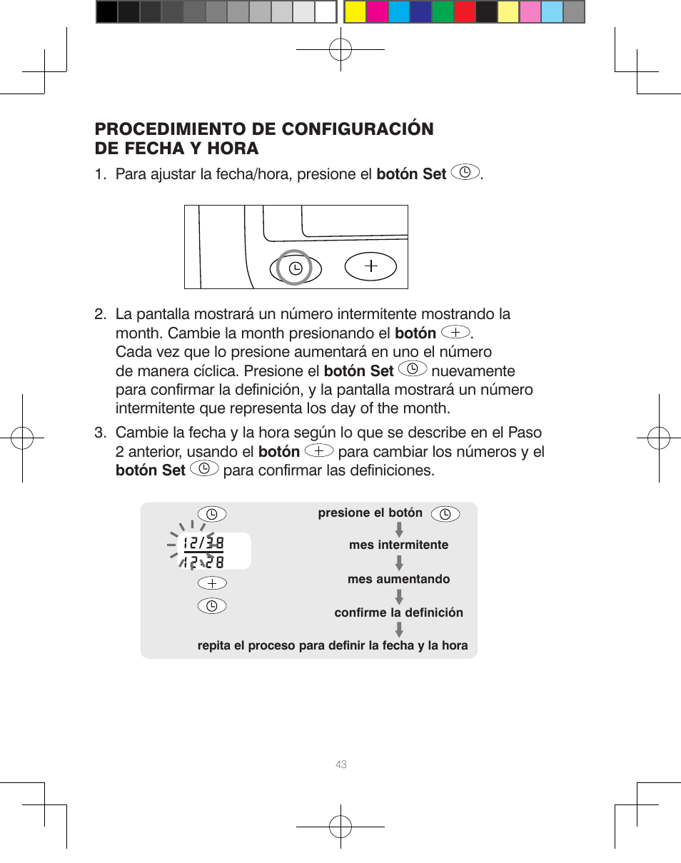 Procedimiento de configuración de fecha y hora | HoMedics Automatic Blood Pressure Monitor BPA-110 User Manual | Page 44 / 60