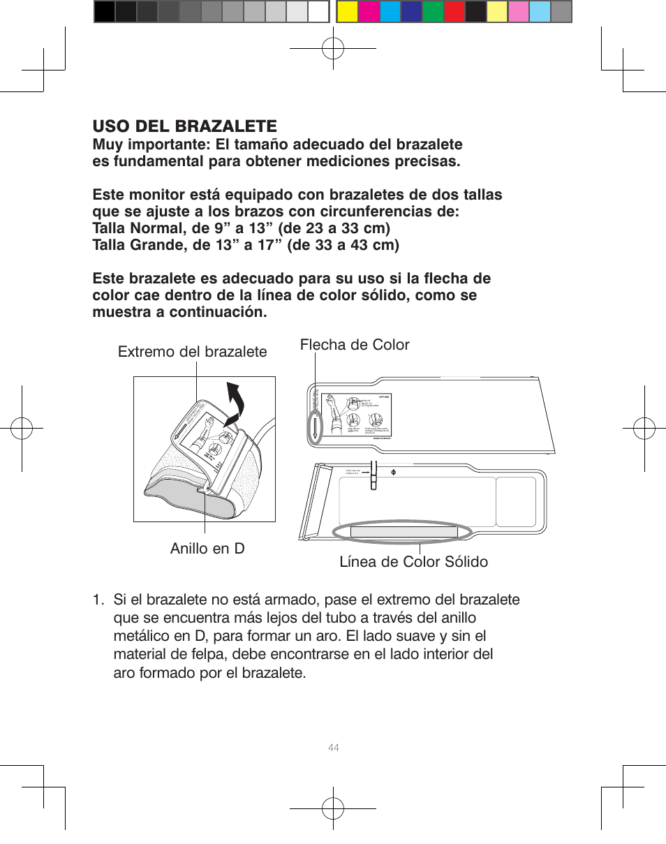 Uso del brazalete, Anillo en d extremo del brazalete, Flecha de color línea de color sólido | HoMedics Automatic Blood Pressure Monitor BPA-110 User Manual | Page 45 / 60