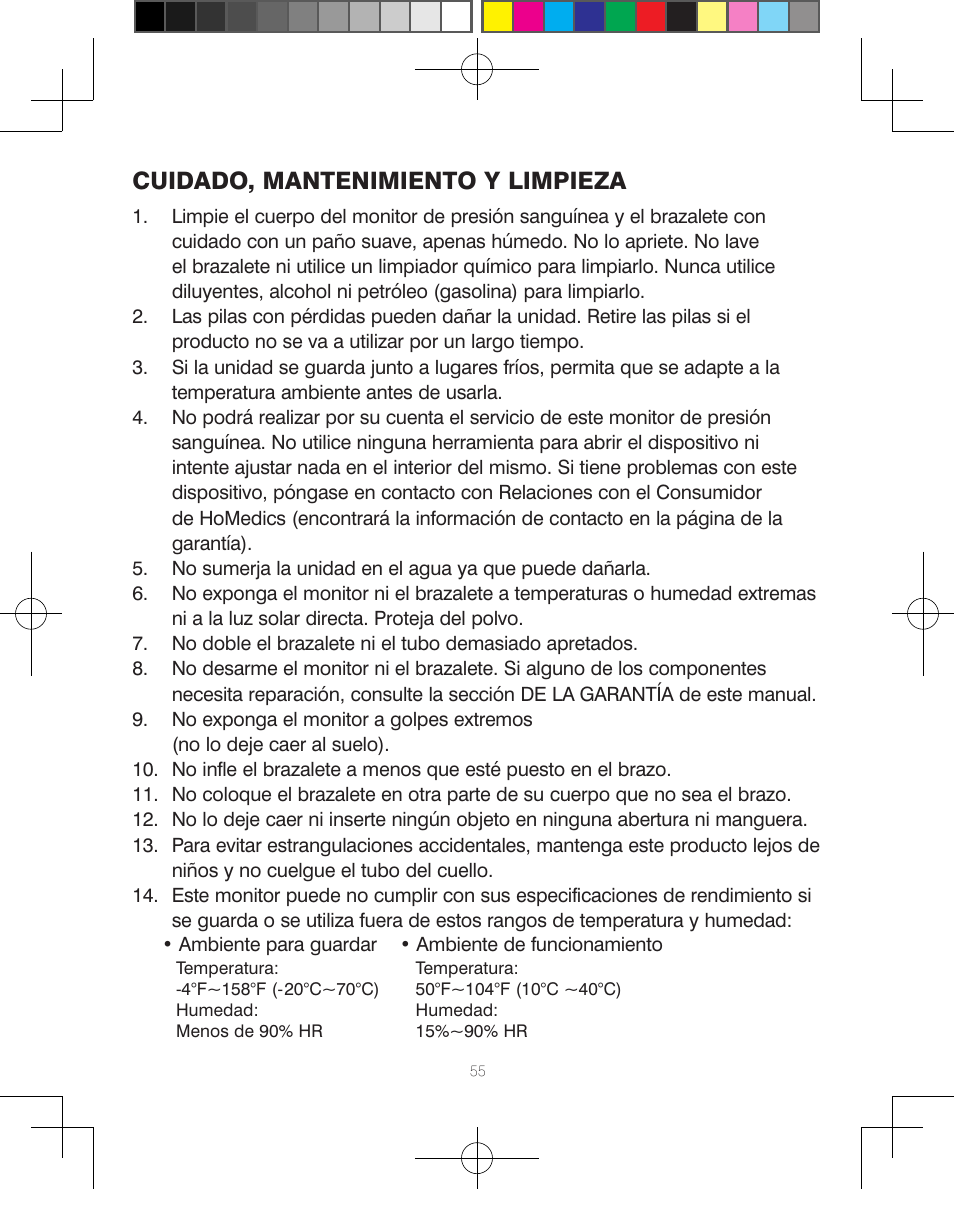 Cuidado, mantenimiento y limpieza | HoMedics Automatic Blood Pressure Monitor BPA-110 User Manual | Page 56 / 60