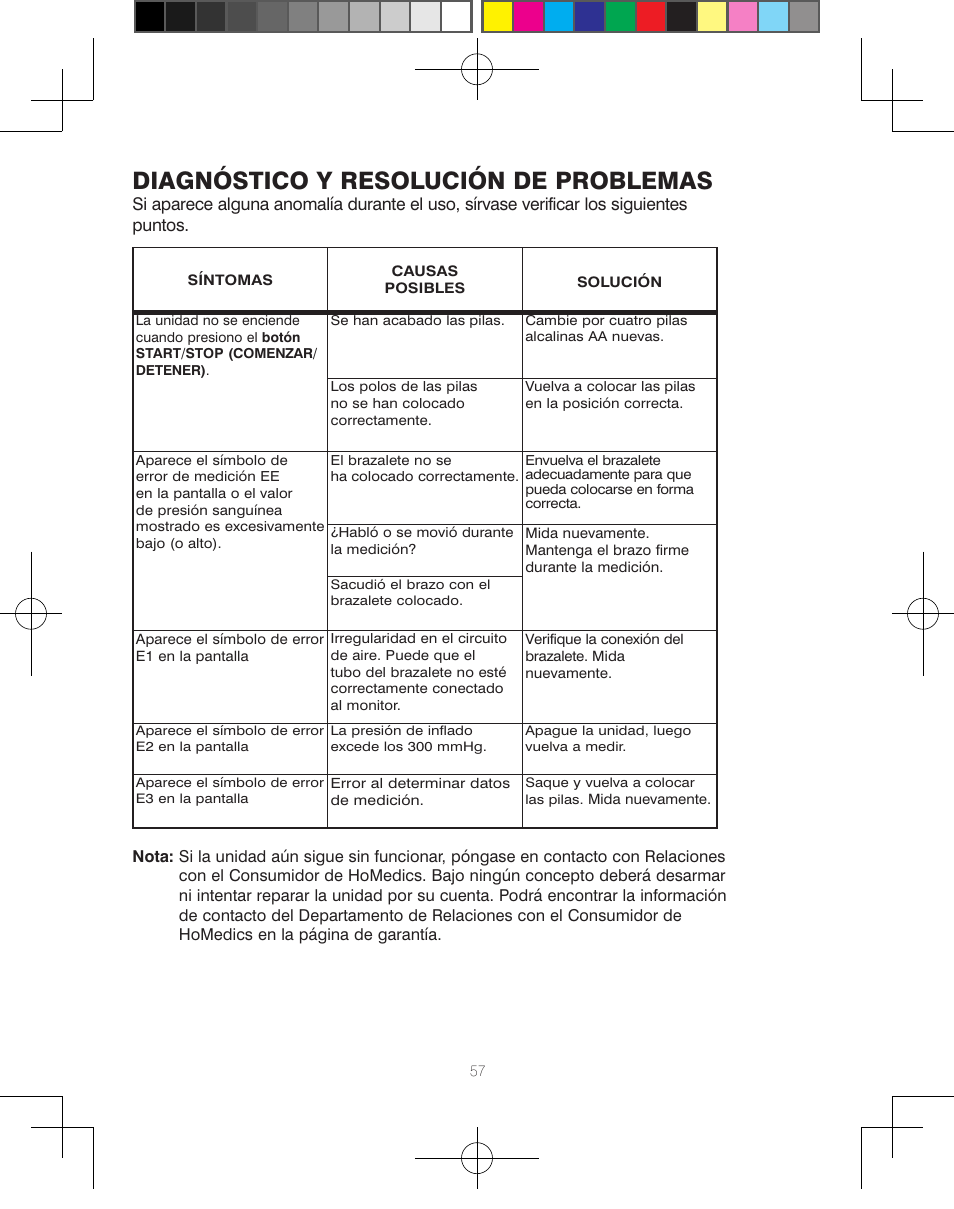 Diagnóstico y resolución de problemas | HoMedics Automatic Blood Pressure Monitor BPA-110 User Manual | Page 58 / 60