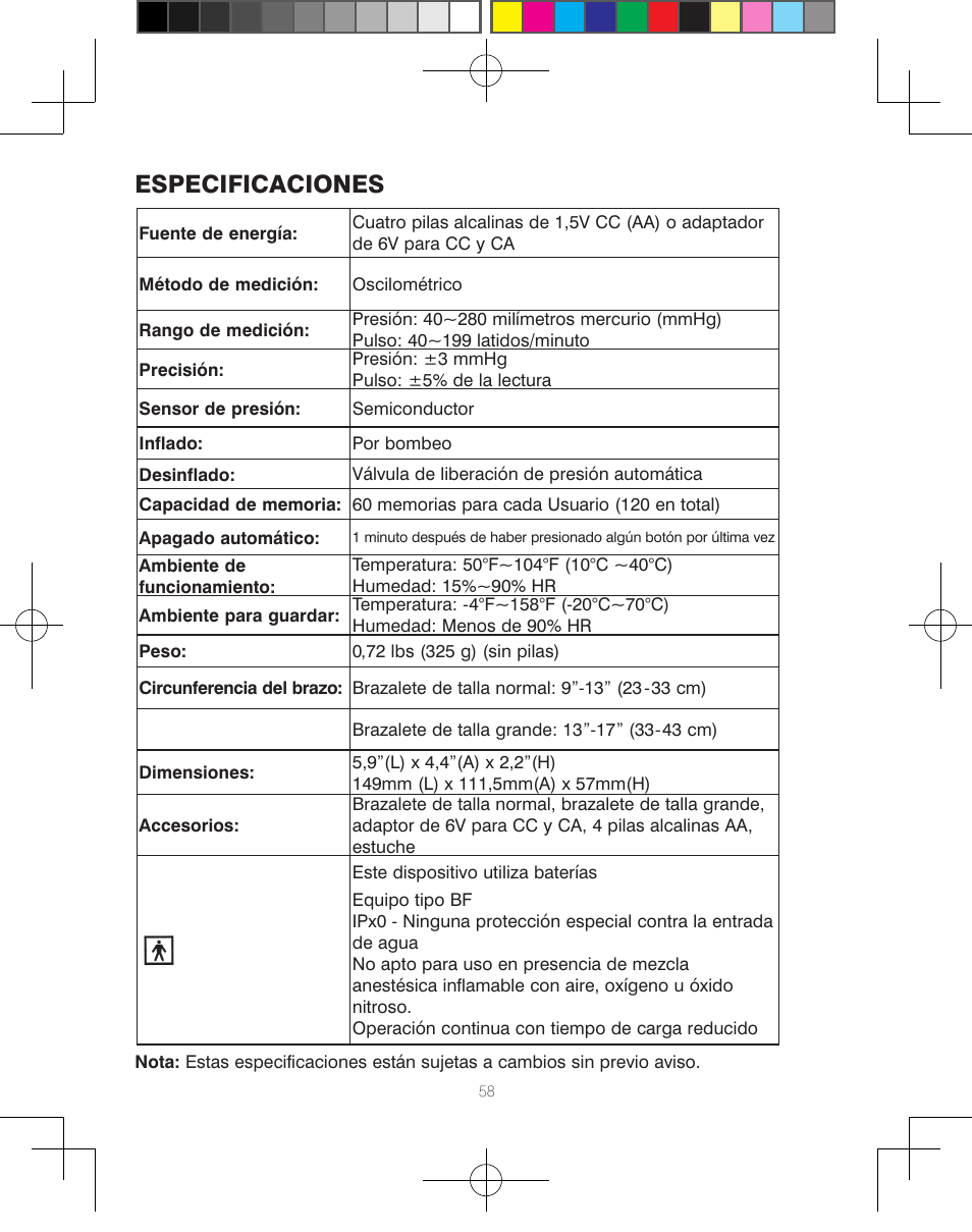 Especificaciones | HoMedics Automatic Blood Pressure Monitor BPA-110 User Manual | Page 59 / 60