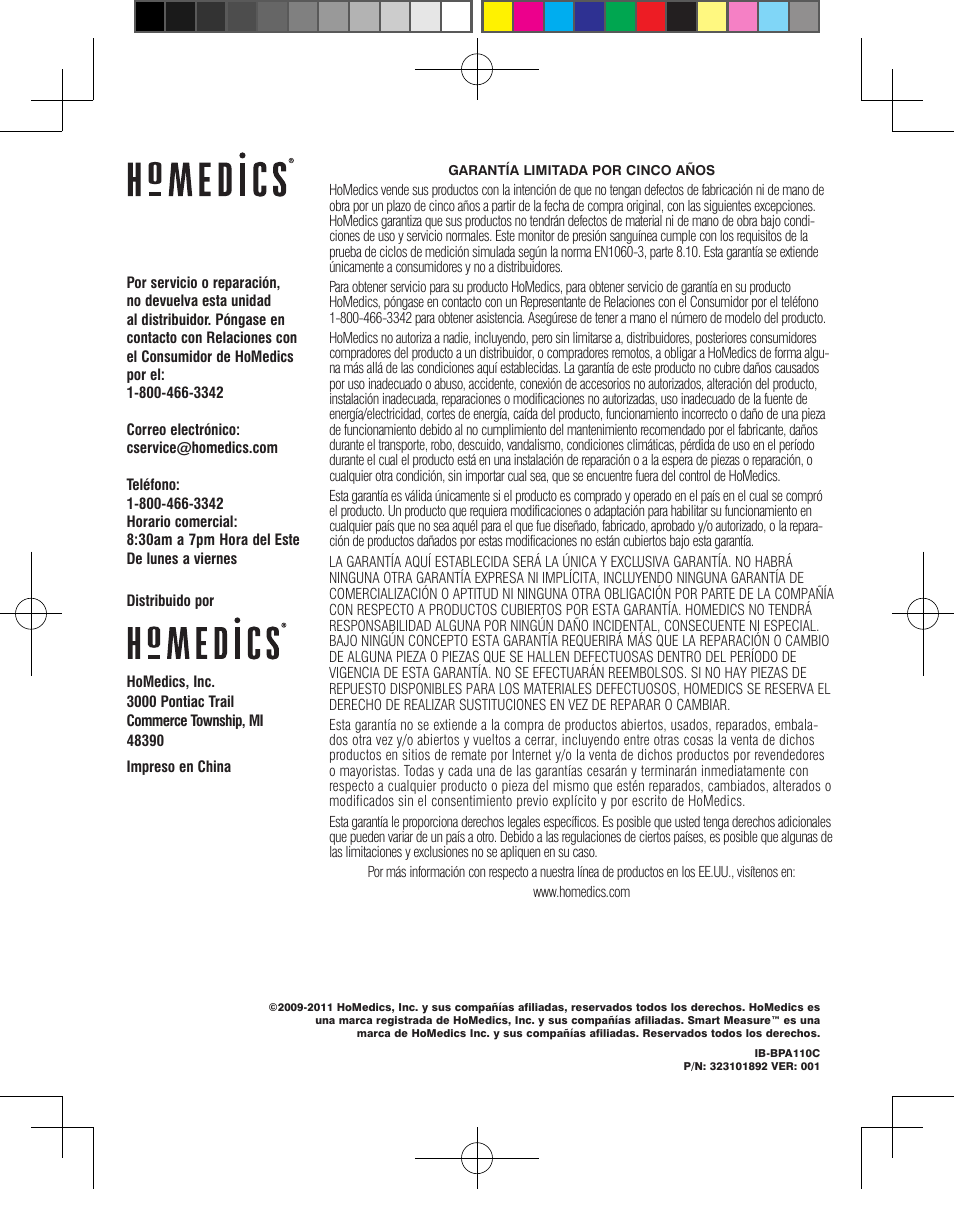 HoMedics Automatic Blood Pressure Monitor BPA-110 User Manual | Page 60 / 60