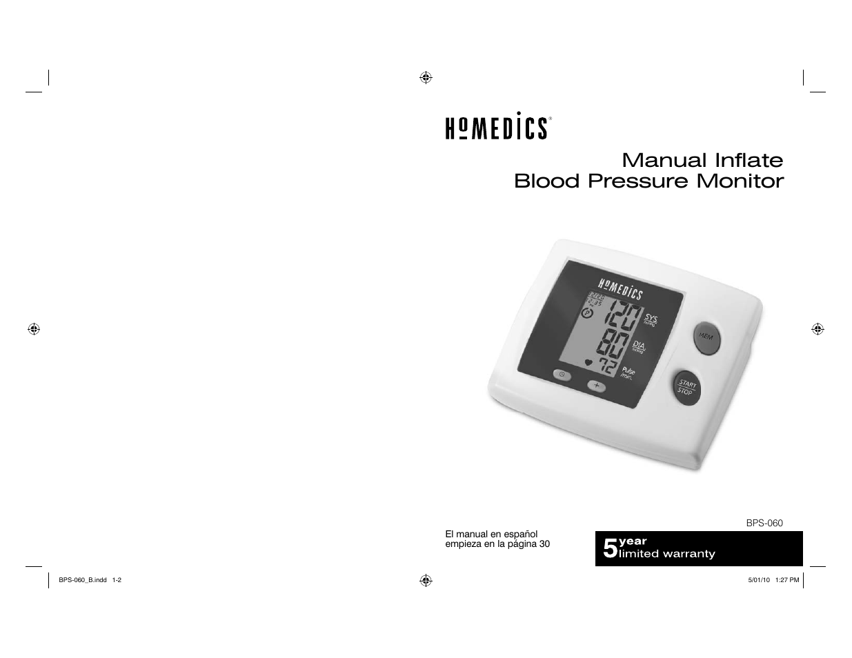 HoMedics Manual Inflate Blood Pressure Monitor SPS-060 User Manual | 30 pages