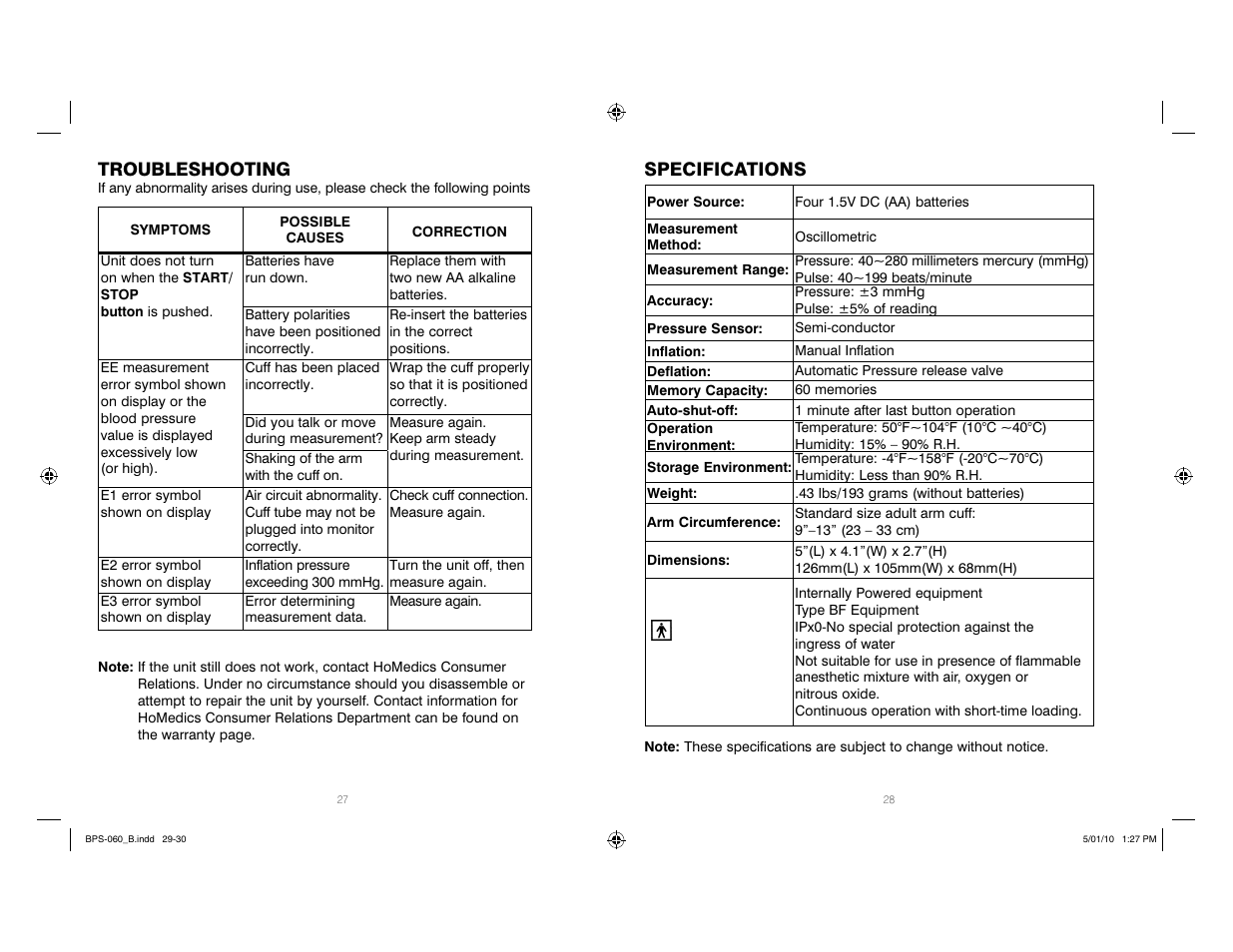 Specifications, Troubleshooting | HoMedics Manual Inflate Blood Pressure Monitor SPS-060 User Manual | Page 15 / 30