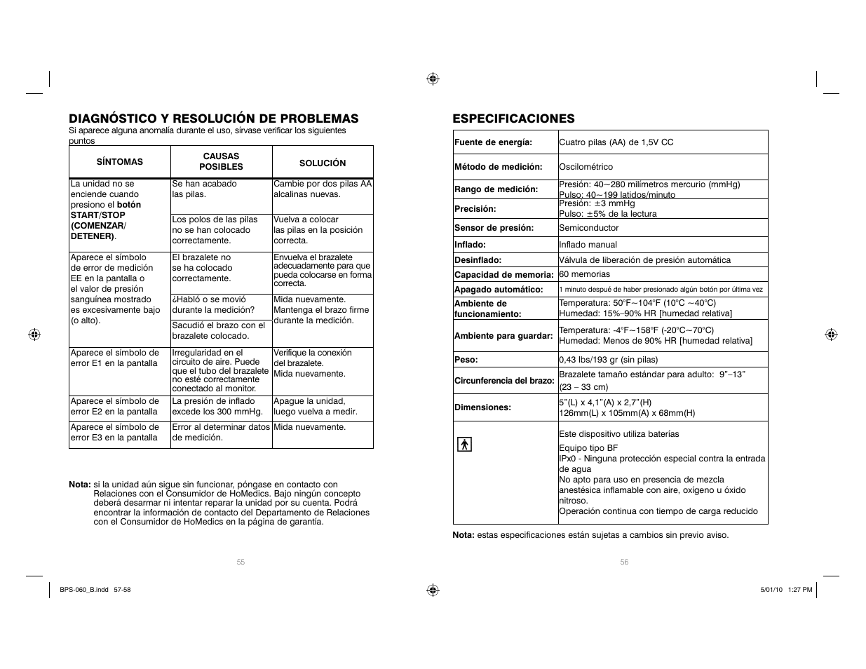 Diagnóstico y resolución de problemas, Especificaciones | HoMedics Manual Inflate Blood Pressure Monitor SPS-060 User Manual | Page 29 / 30