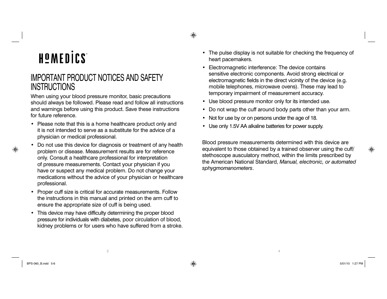 Important product notices and safety instructions | HoMedics Manual Inflate Blood Pressure Monitor SPS-060 User Manual | Page 3 / 30