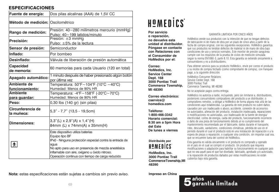 Especificaciones | HoMedics IB-BPW060A User Manual | Page 36 / 36