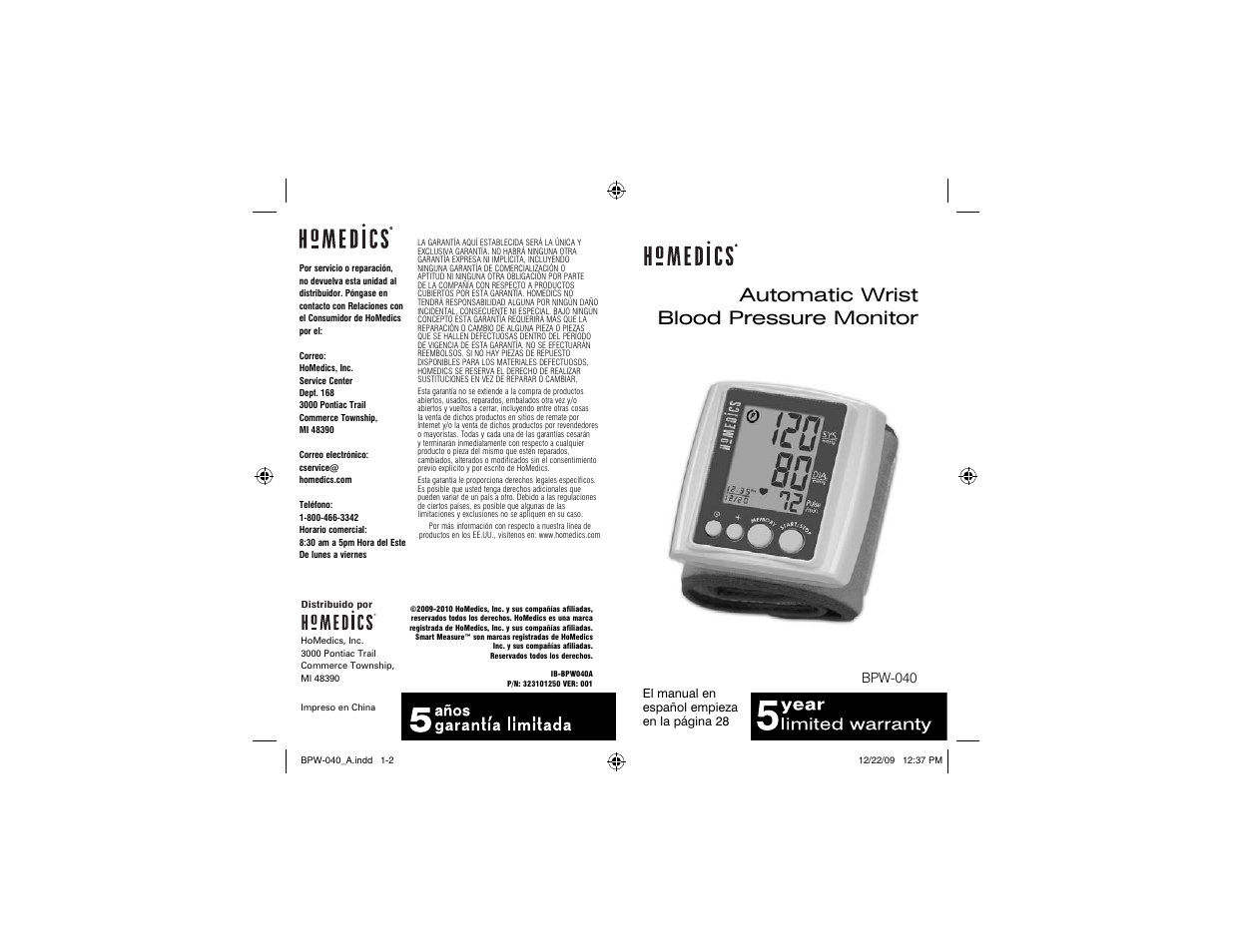 HoMedics Automatic Wrist Blood Pressure Monitor BPW-040 User Manual | 30 pages