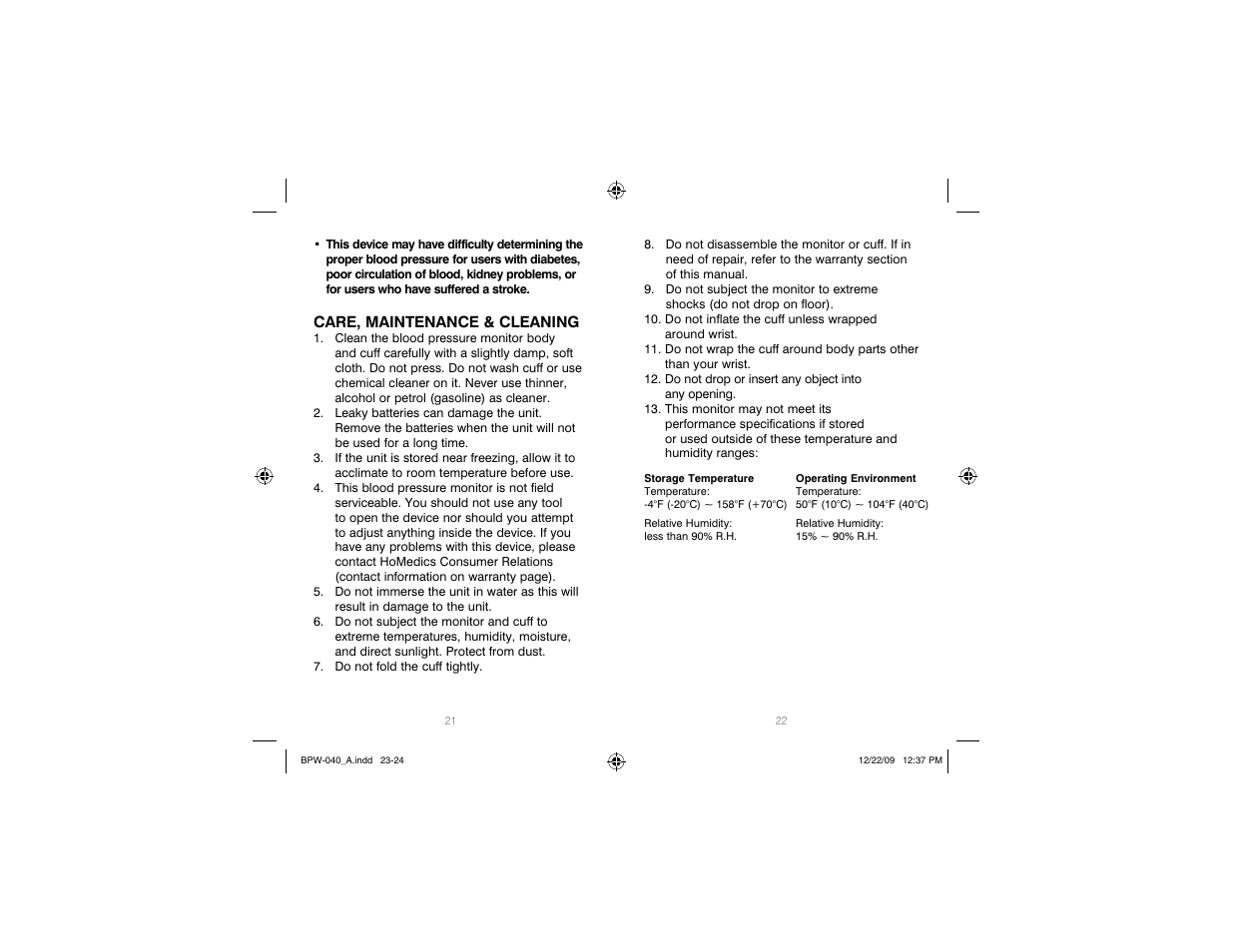 HoMedics Automatic Wrist Blood Pressure Monitor BPW-040 User Manual | Page 12 / 30