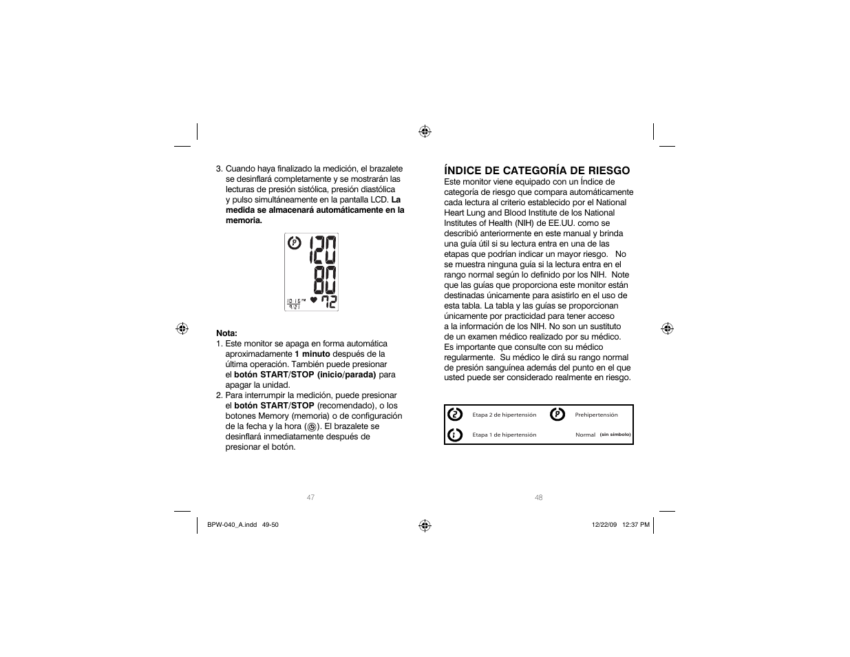 Índice de categoría de riesgo | HoMedics Automatic Wrist Blood Pressure Monitor BPW-040 User Manual | Page 25 / 30