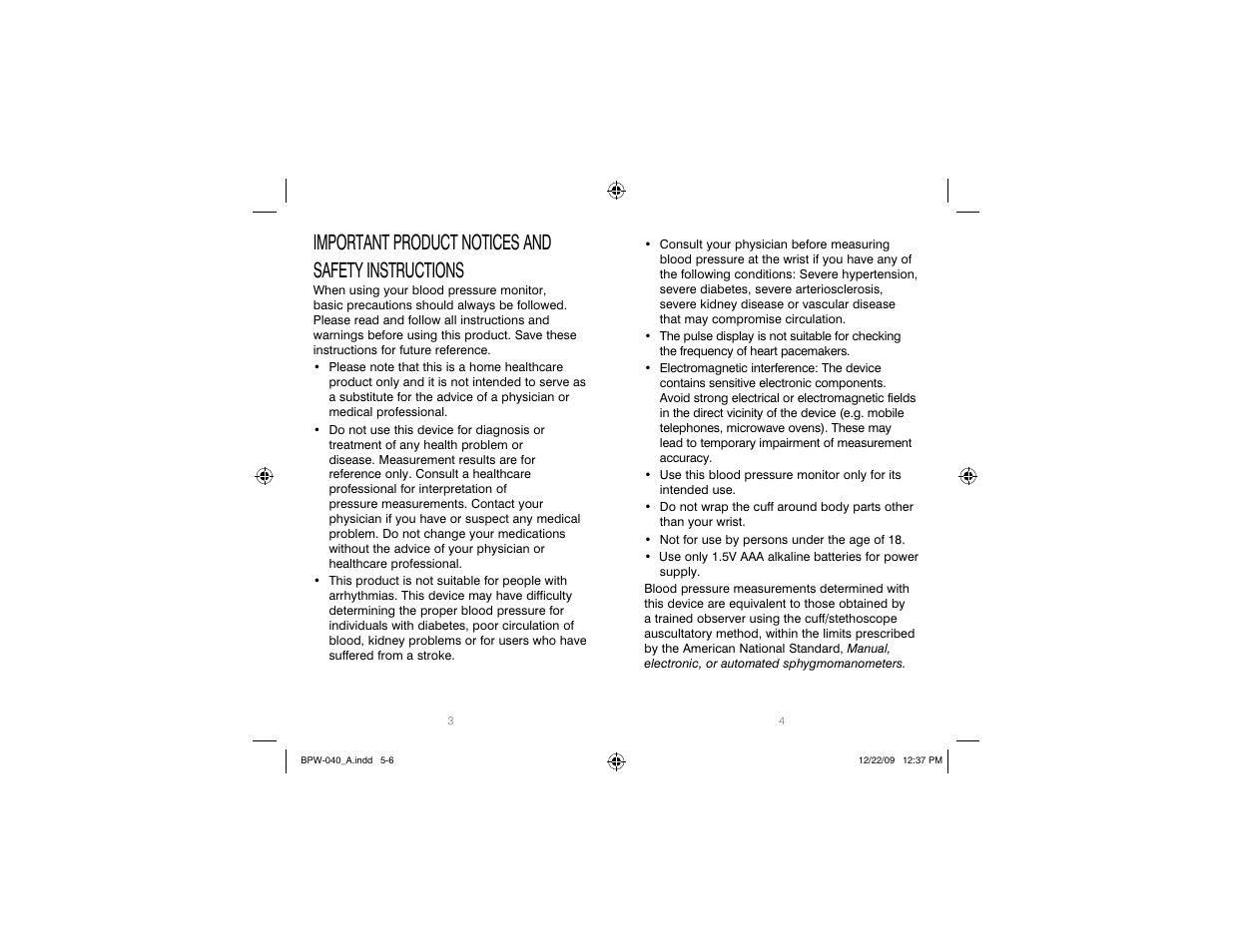 Important product notices and safety instructions | HoMedics Automatic Wrist Blood Pressure Monitor BPW-040 User Manual | Page 3 / 30