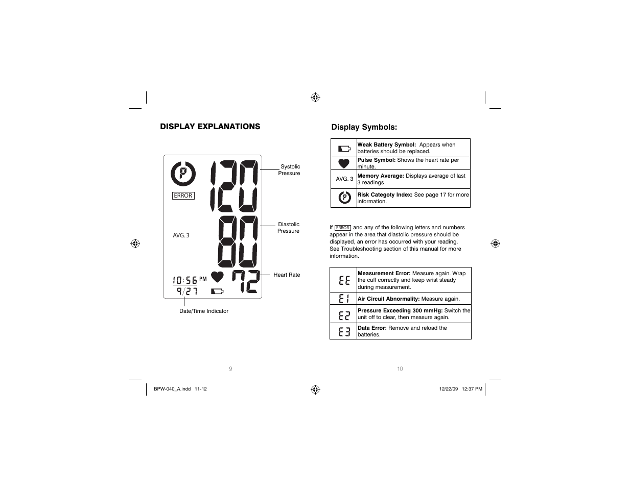 Display explanations, Display symbols | HoMedics Automatic Wrist Blood Pressure Monitor BPW-040 User Manual | Page 6 / 30