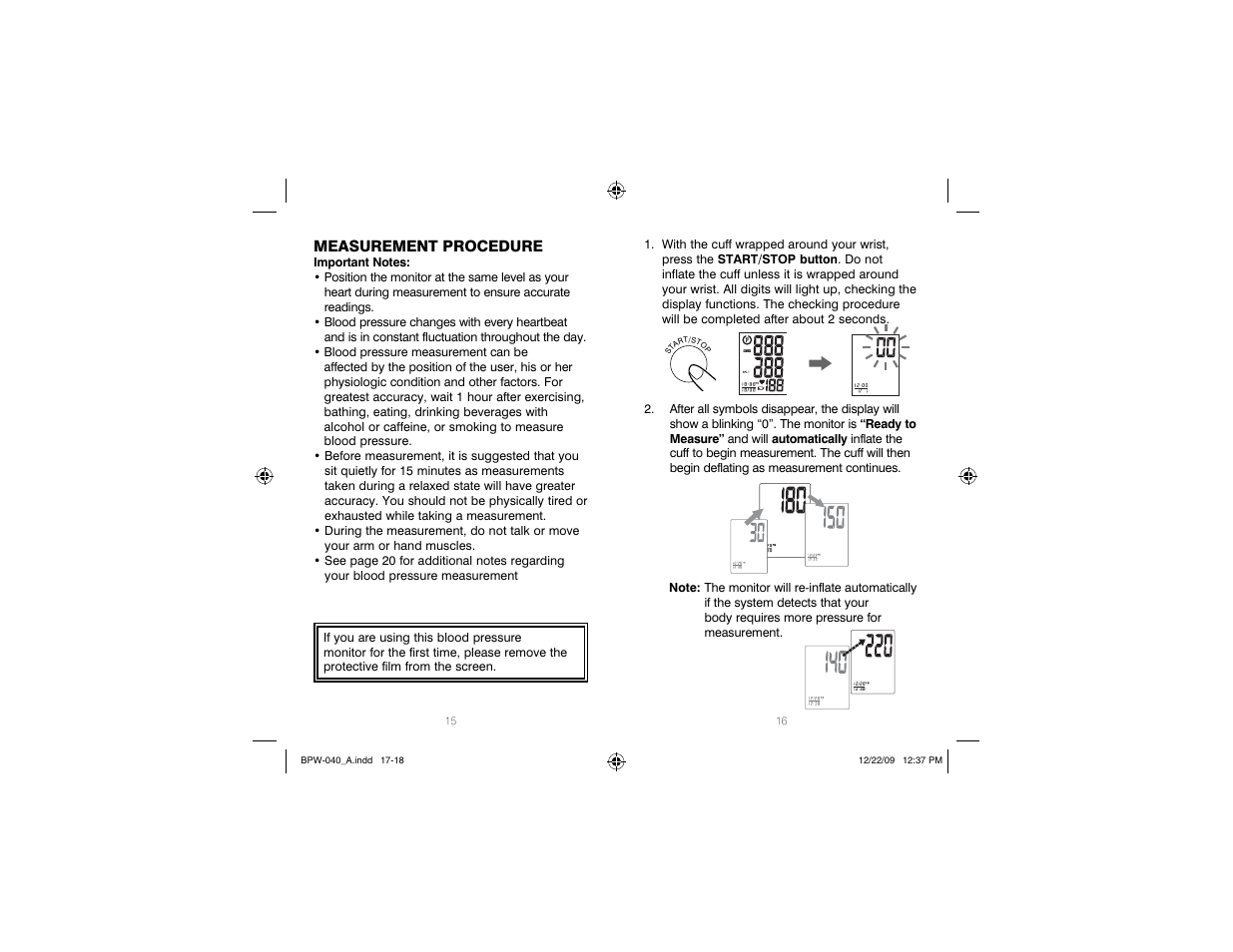 Measurement procedure | HoMedics Automatic Wrist Blood Pressure Monitor BPW-040 User Manual | Page 9 / 30