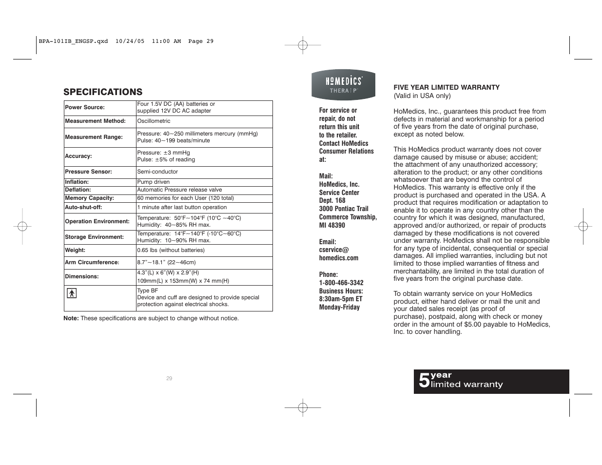 Specifications | HoMedics BPA-101 User Manual | Page 16 / 32