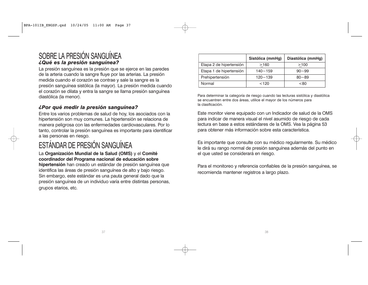 Sobre la presión sanguínea, Estándar de presión sanguínea | HoMedics BPA-101 User Manual | Page 20 / 32