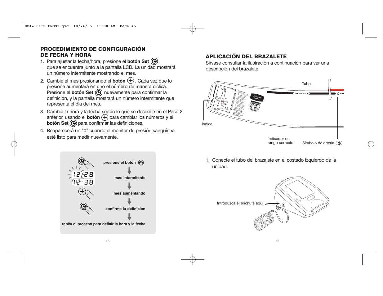 Pp-cu ff2, Aplicación del brazalete, Procedimiento de configuración de fecha y hora | HoMedics BPA-101 User Manual | Page 24 / 32