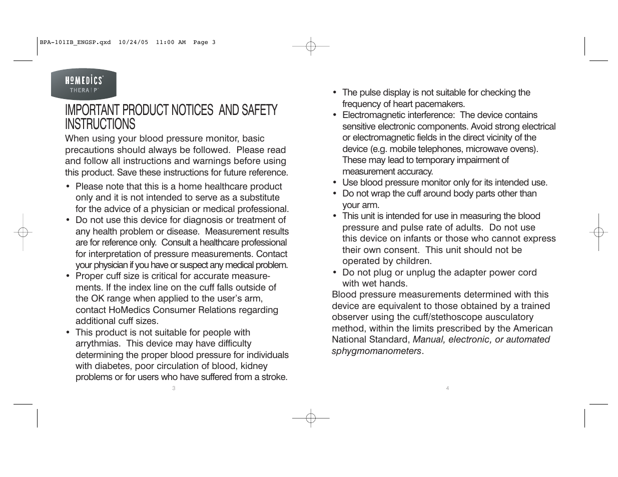 Important product notices and safety instructions | HoMedics BPA-101 User Manual | Page 3 / 32