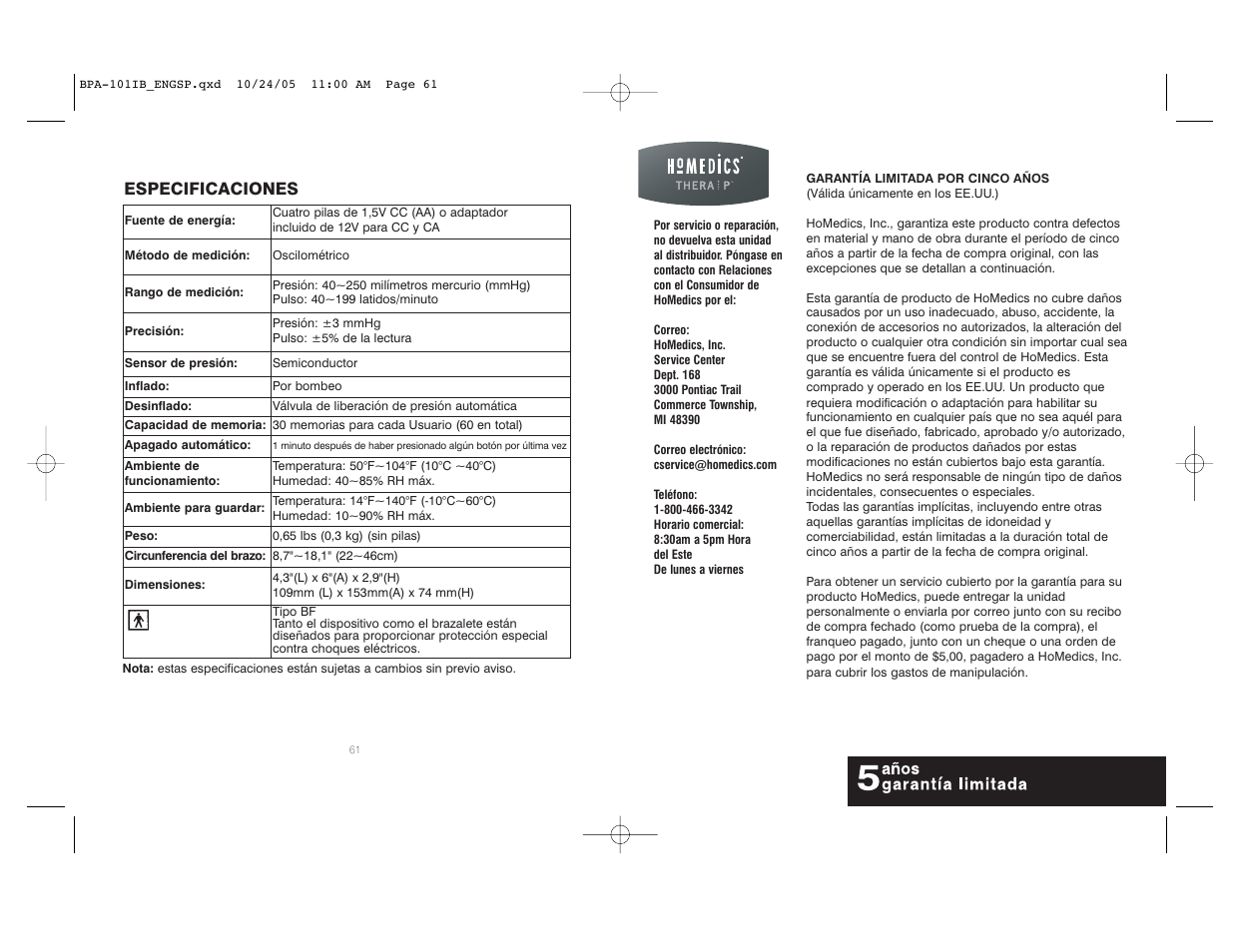 Especificaciones | HoMedics BPA-101 User Manual | Page 32 / 32