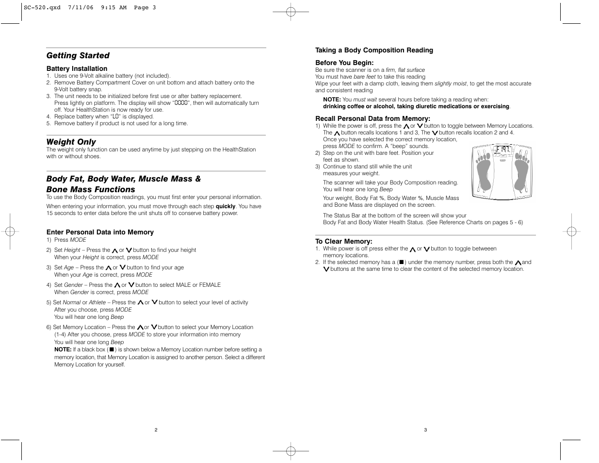 Getting started, Weight only | HoMedics IB-SC520 User Manual | Page 2 / 12