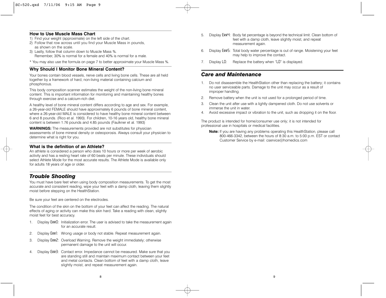 Trouble shooting, Care and maintenance | HoMedics IB-SC520 User Manual | Page 5 / 12