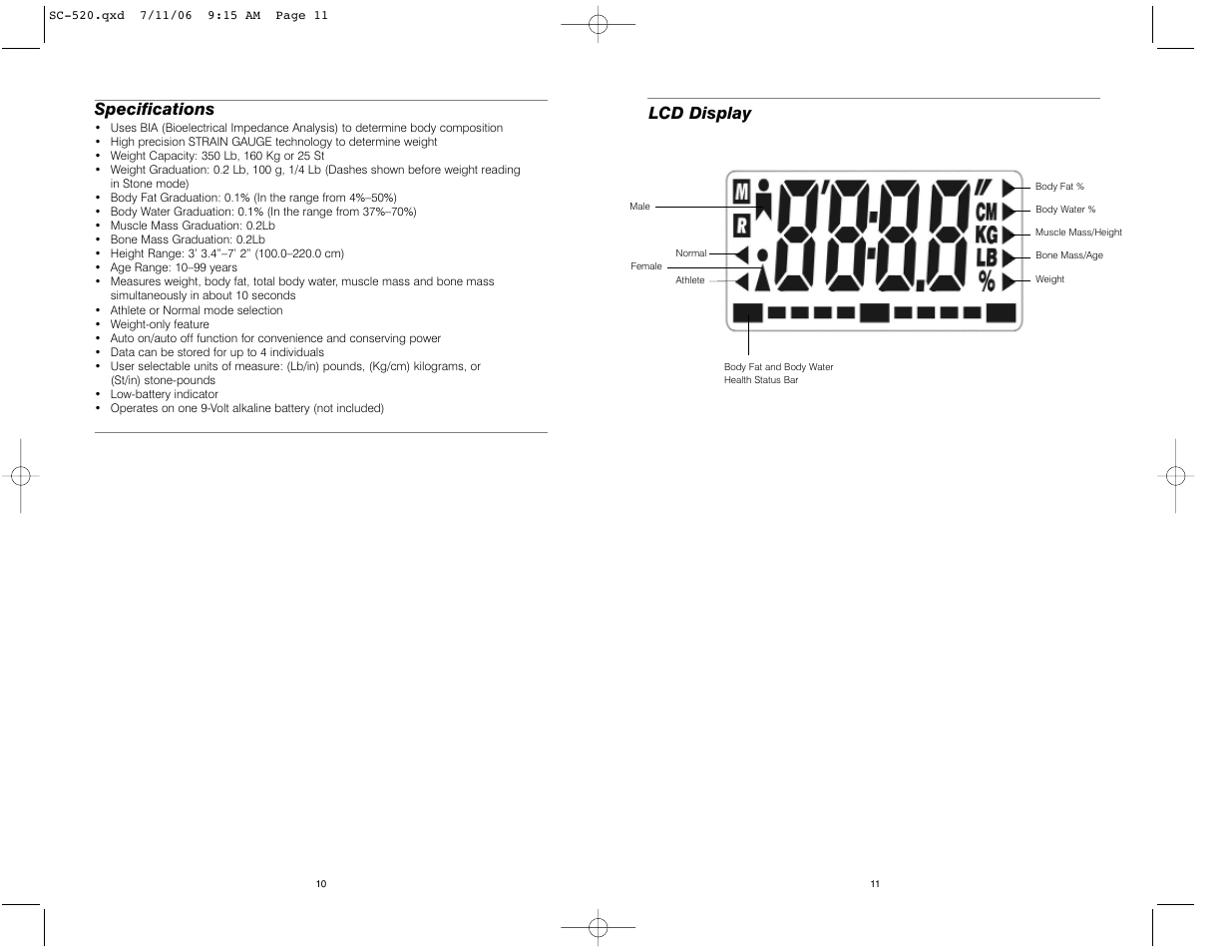 Lcd display specifications | HoMedics IB-SC520 User Manual | Page 6 / 12