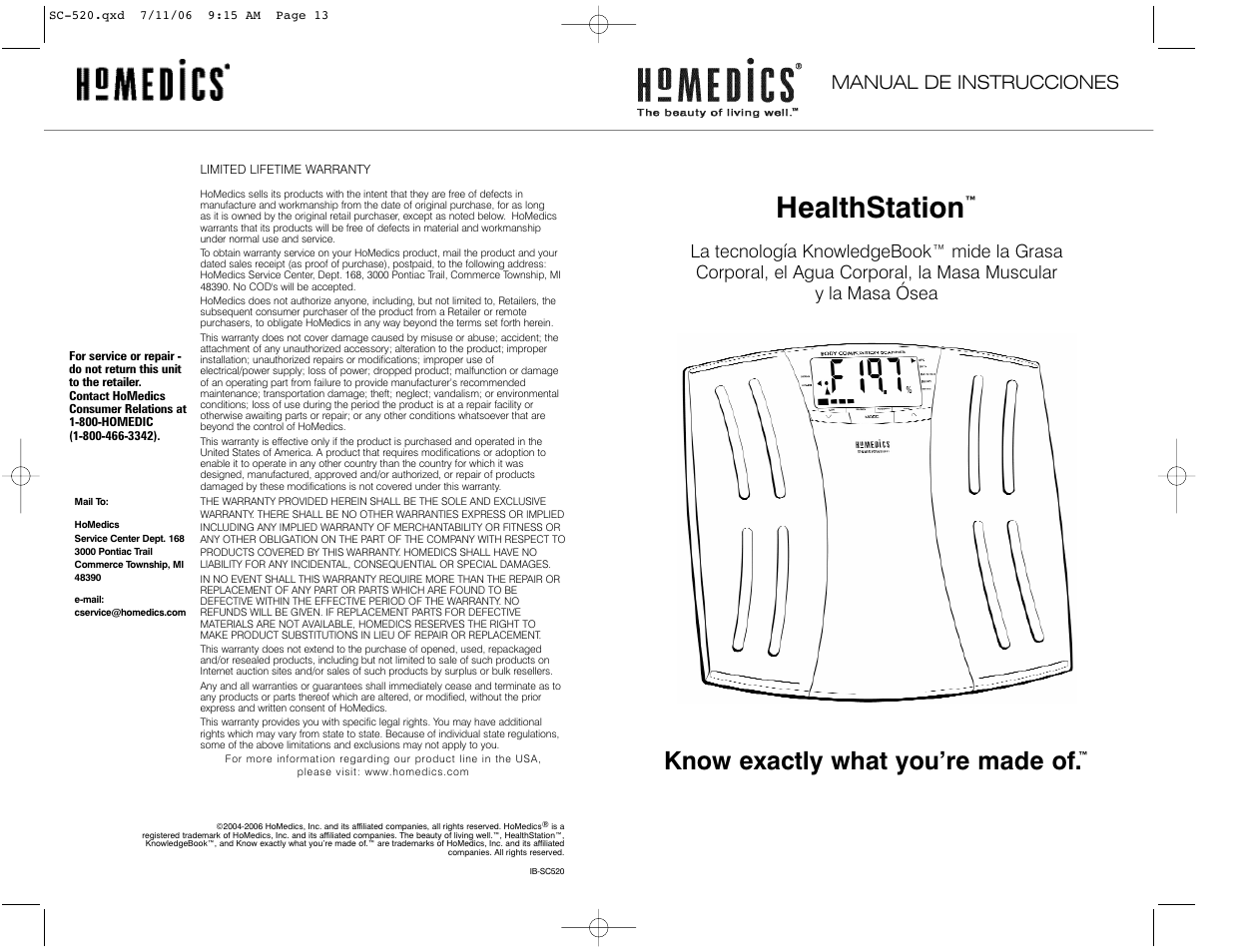 Healthstation, Know exactly what you’re made of, Manual de instrucciones | HoMedics IB-SC520 User Manual | Page 7 / 12