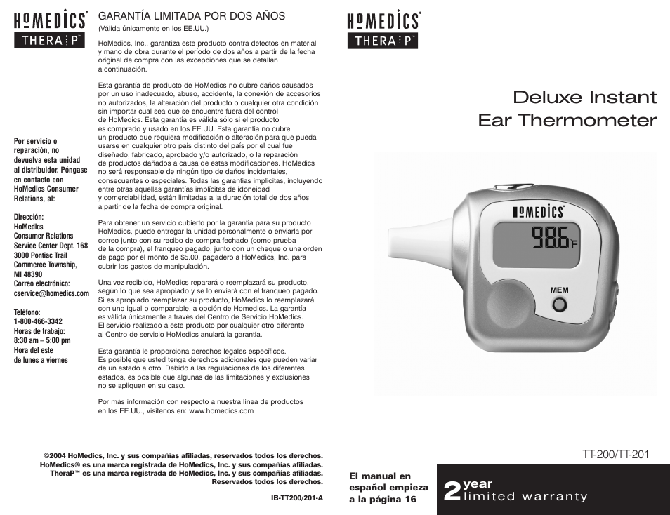 HoMedics TT-201 User Manual | 16 pages