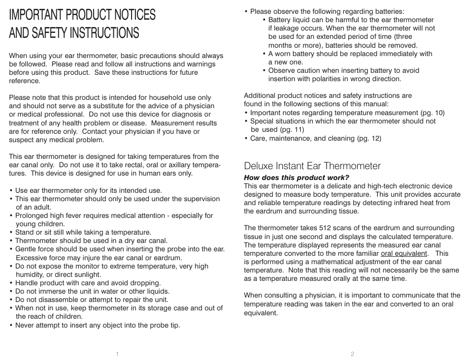 Important product notices and safety instructions, Deluxe instant ear thermometer | HoMedics TT-201 User Manual | Page 2 / 16