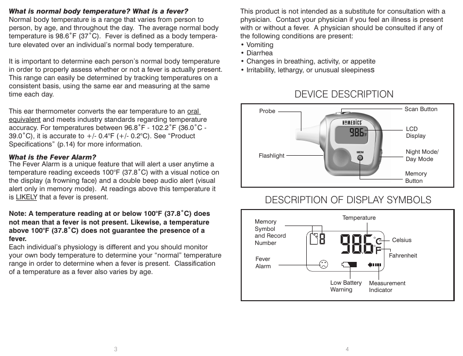 Description of display symbols device description | HoMedics TT-201 User Manual | Page 3 / 16