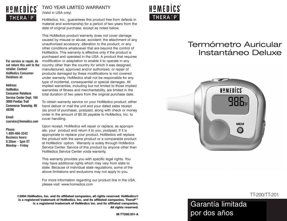 Termómetro auricular instantáneo deluxe, Garantía limitada por dos años | HoMedics TT-201 User Manual | Page 9 / 16