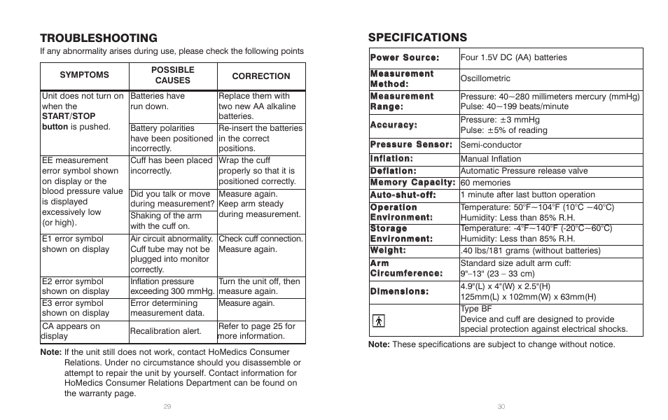 Troubleshooting, Specifications | HoMedics BPS-060 User Manual | Page 16 / 32