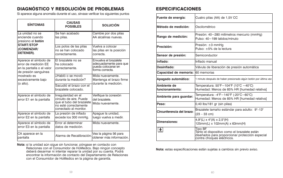 Diagnóstico y resolución de problemas, Especificaciones | HoMedics BPS-060 User Manual | Page 31 / 32