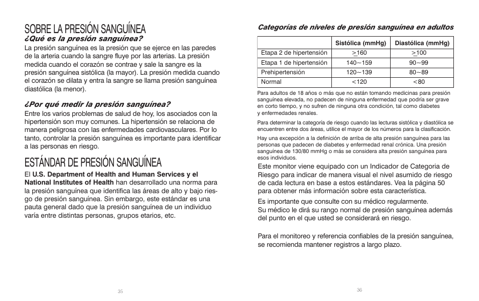 Sobre la presión sanguínea, Estándar de presión sanguínea | HoMedics BPA-110 User Manual | Page 19 / 30