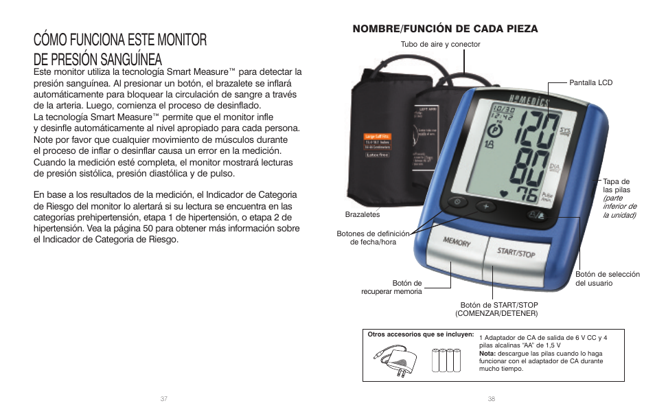 Cómo funciona este monitor de presión sanguínea, Nombre/función de cada pieza | HoMedics BPA-110 User Manual | Page 20 / 30