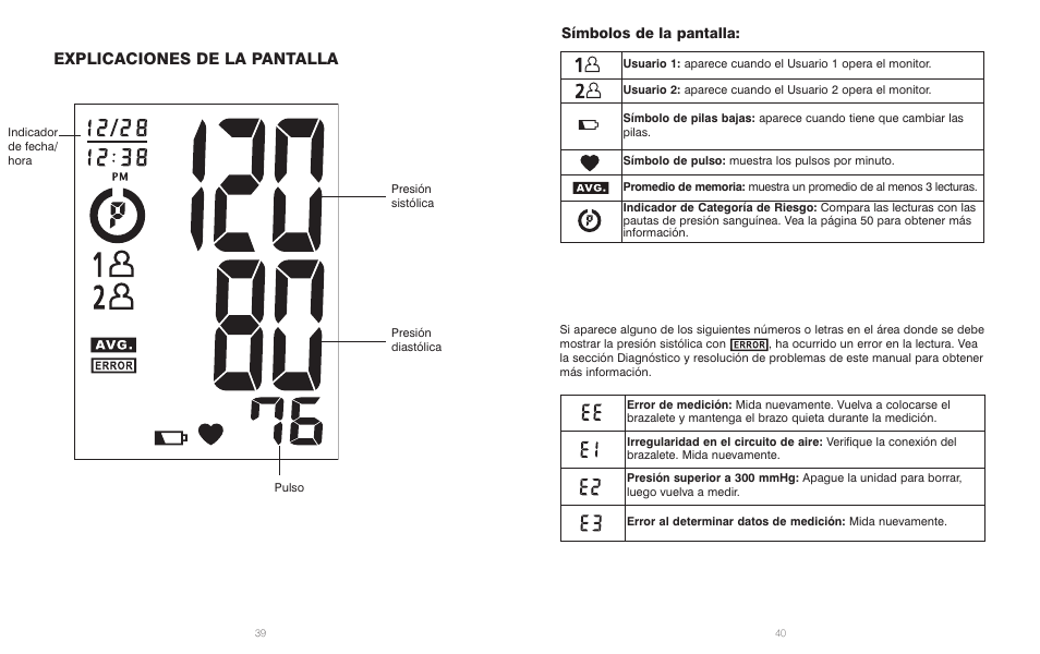 Explicaciones de la pantalla, Símbolos de la pantalla | HoMedics BPA-110 User Manual | Page 21 / 30