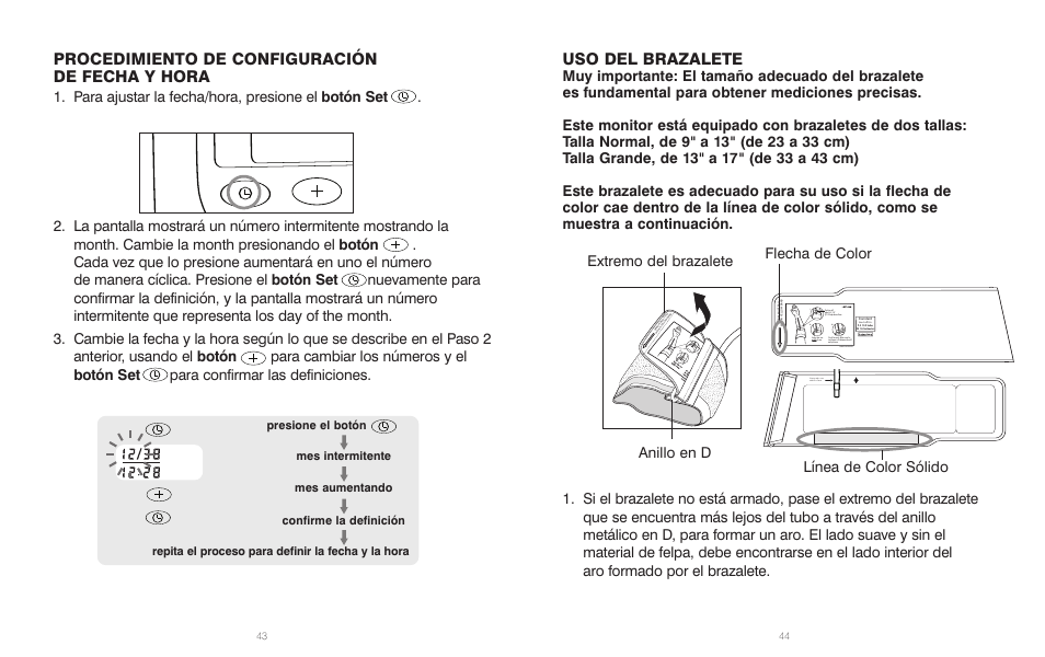Procedimiento de configuración de fecha y hora, Uso del brazalete, Anillo en d extremo del brazalete | Flecha de color línea de color sólido | HoMedics BPA-110 User Manual | Page 23 / 30