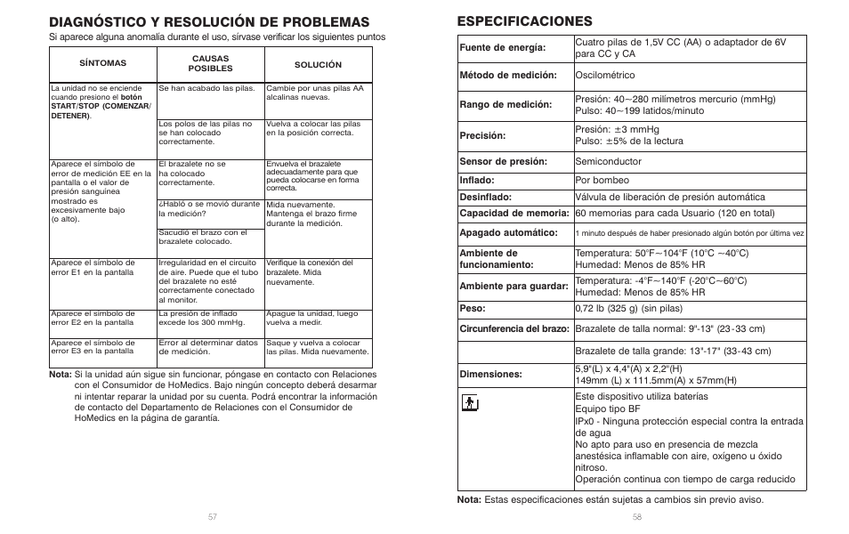 Diagnóstico y resolución de problemas, Especificaciones | HoMedics BPA-110 User Manual | Page 30 / 30