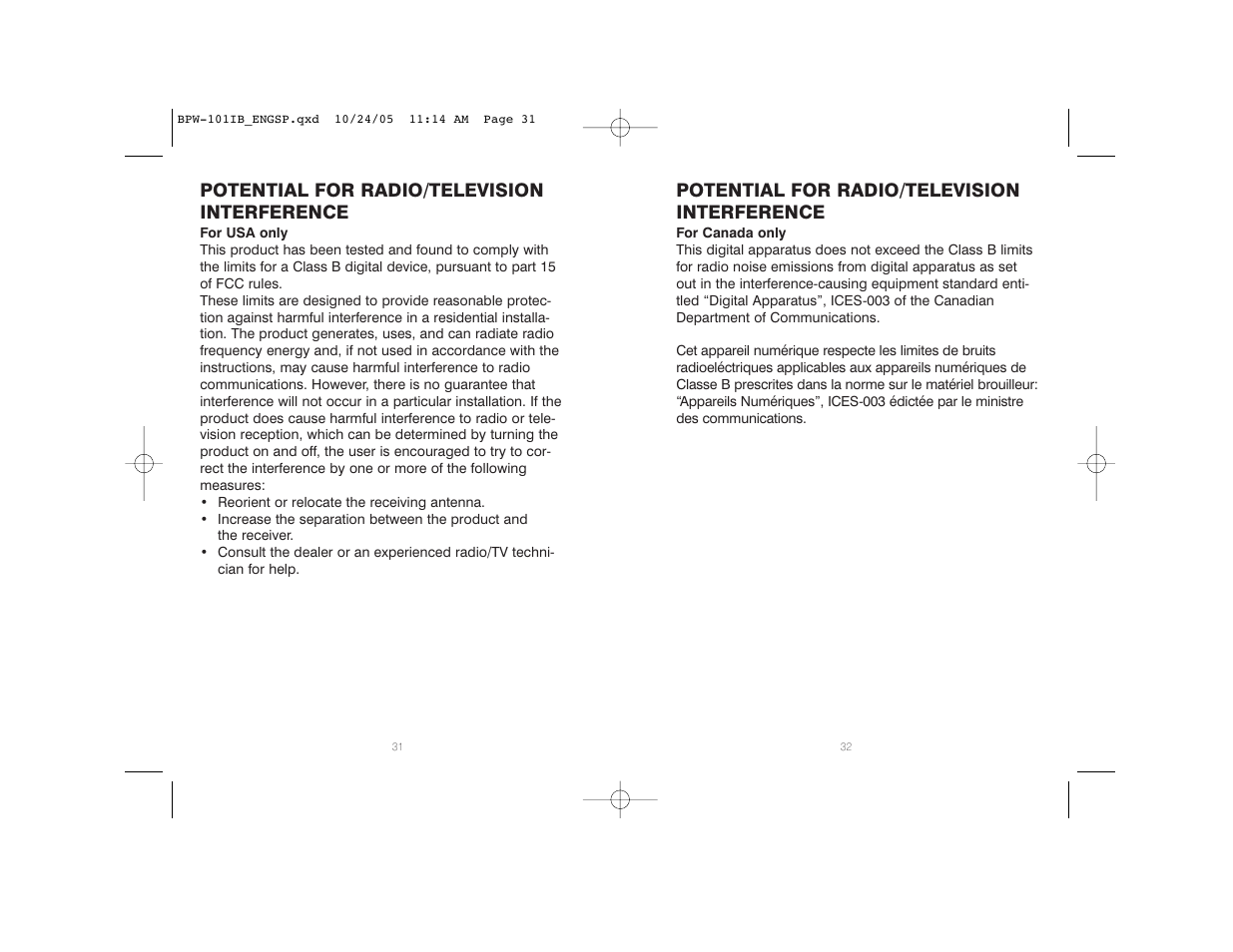 Potential for radio/television interference | HoMedics BPW-101 User Manual | Page 17 / 38