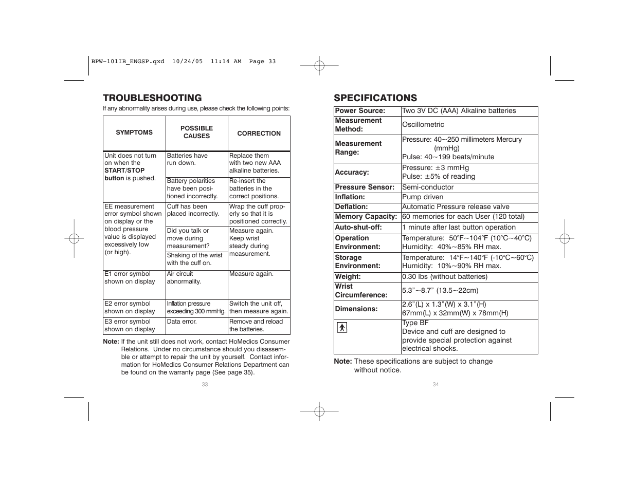 Specifications, Troubleshooting | HoMedics BPW-101 User Manual | Page 18 / 38