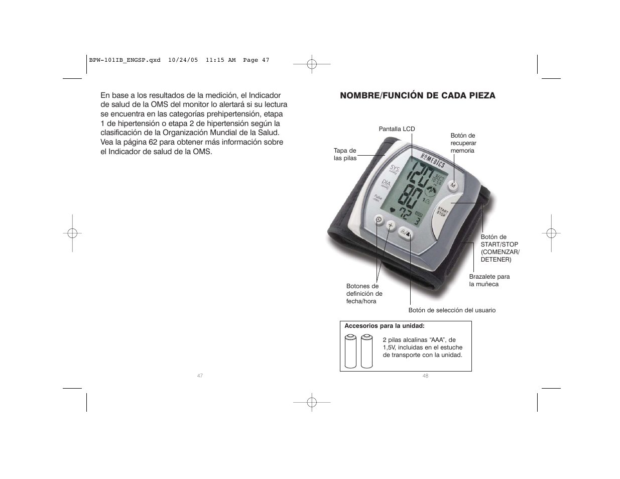 Nombre/función de cada pieza | HoMedics BPW-101 User Manual | Page 25 / 38