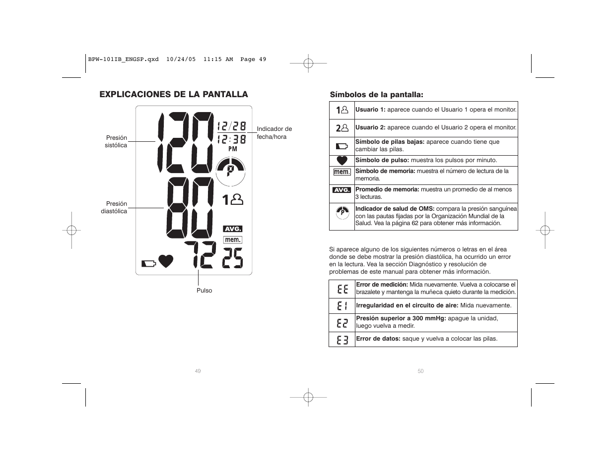 Explicaciones de la pantalla | HoMedics BPW-101 User Manual | Page 26 / 38